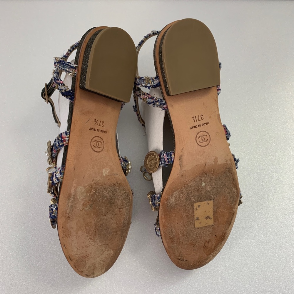 Authentic CHANEL blue tweed CC Embellished sandals size IT 37.5 US 6.5 7 HTF! - Picture 9 of 13